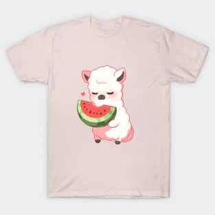 Adorable Kawaii Llama Savoring Sweet Watermelon Delight T-Shirt